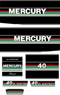 40hk Svart/rött/grönt/grått Svart/rött/grönt/grått Komplett innehållande: 7st Dekaler för Mercury 40hk övre och undre kåpa.