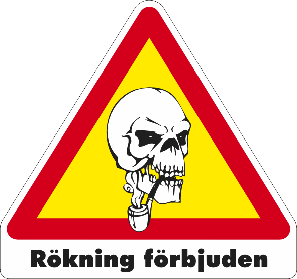 Gul/röd/vt/svart Varningsdekal. Rökning förbjuden med rökande döskalle