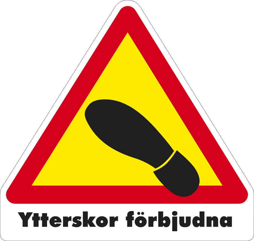 Gul/röd/vt/svart Varningsdekal. Ytterskor förbjudna