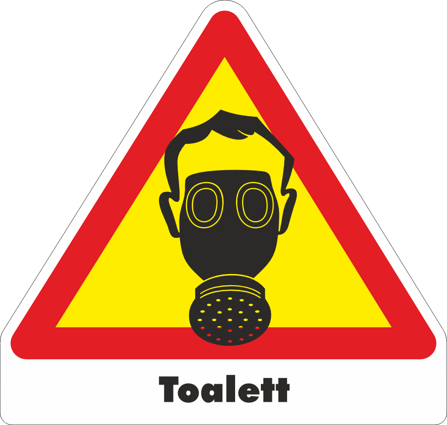 Gul/röd/vt/svart Varningsdekal. Toalett med gasmask