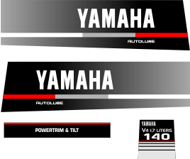 140hk Svart/rött/grått Komplett innehållande: 2st Dekaler för Yamaha 140hk och 1st bakre dekal med 140hk v4 1.7 liters, en främre dekal Powertrim & tilt.