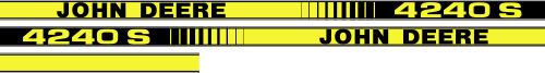 Dekorsats JOHN DEERE 4240 S, 2st stripe Höger och vänster 1860 mm 1 stripe fram 680 mm. Dekorkittet tillverkas skuret i silver metallic, Svart blank och Citrongul.