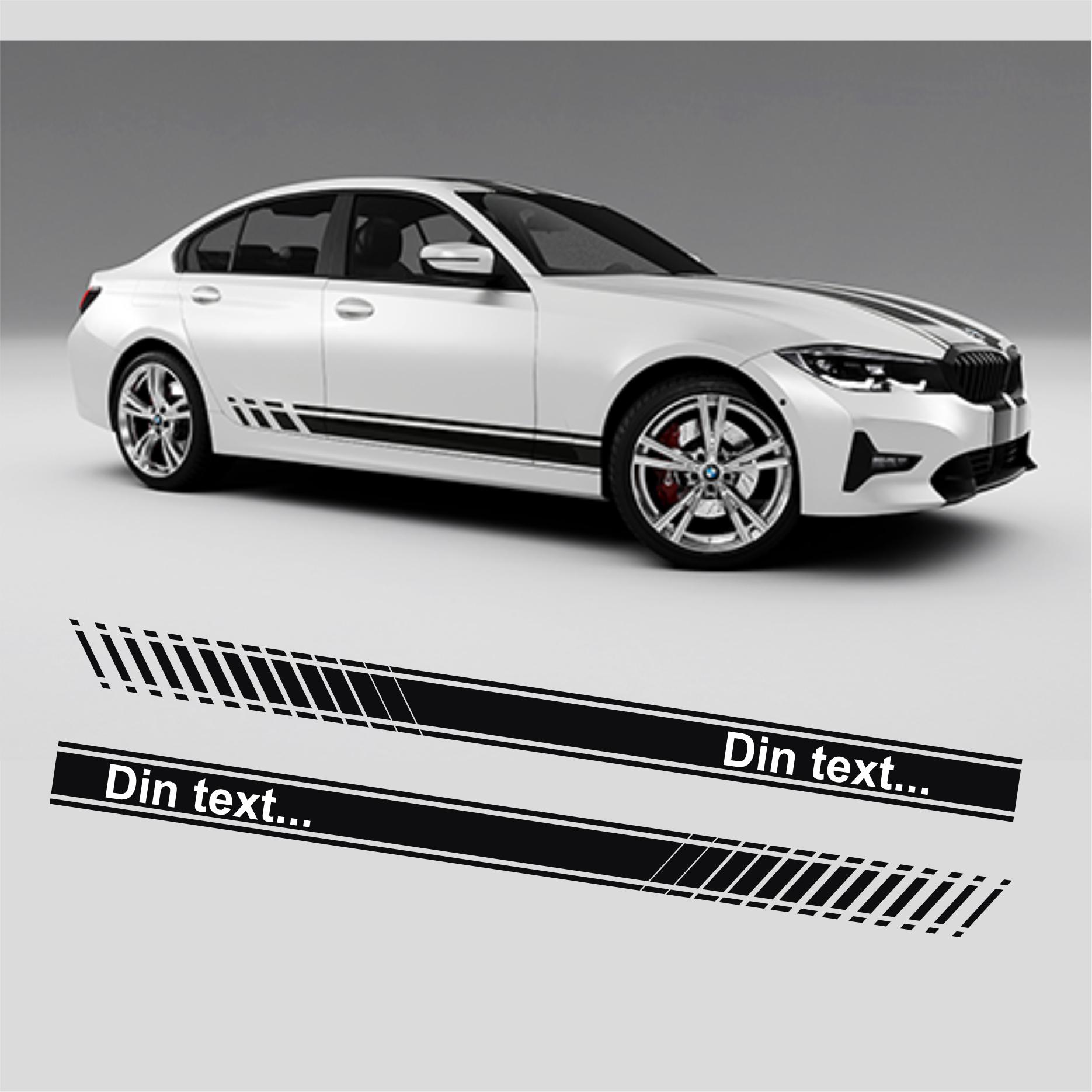 Sidostripe med text Datorskuren sidostreamer av 8-års vinyl. Levereras komplett till båda sidor. Försedd med appliceringstejp för enklare montage.

Ange bilmodell för att få dina stripes anpassade för att passa just di