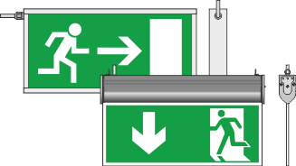 LED belyst utrymningstavla med >3 timmars batteri. 85-265V 50/60HZ. Dubbelsidig för takmontage, storlek: 370x210x40mm (368x168mm). Enkelsidig för väggmontage, storlek: 390x190x40mm (345x130mm).