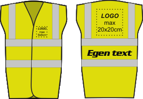 Säkerhetsväst i tre storlekar. Två breda reflexband runt om, certifierad enligt EN471 klass 2, CE märkt. Drag­kedja eller kardborre framtill. Tål maskintvätt.
Logotyper kommer att bli i samma färg som du väljer på texten. Visningsbilden visar bara hur storlek och position kan se ut. Har du andra önskemål skriv detta i kommentarsfältet. Har du önskemål om flerfärgad logotyp ber dig istället att mejla oss en beskrivning så svarar vi med ditt pris.