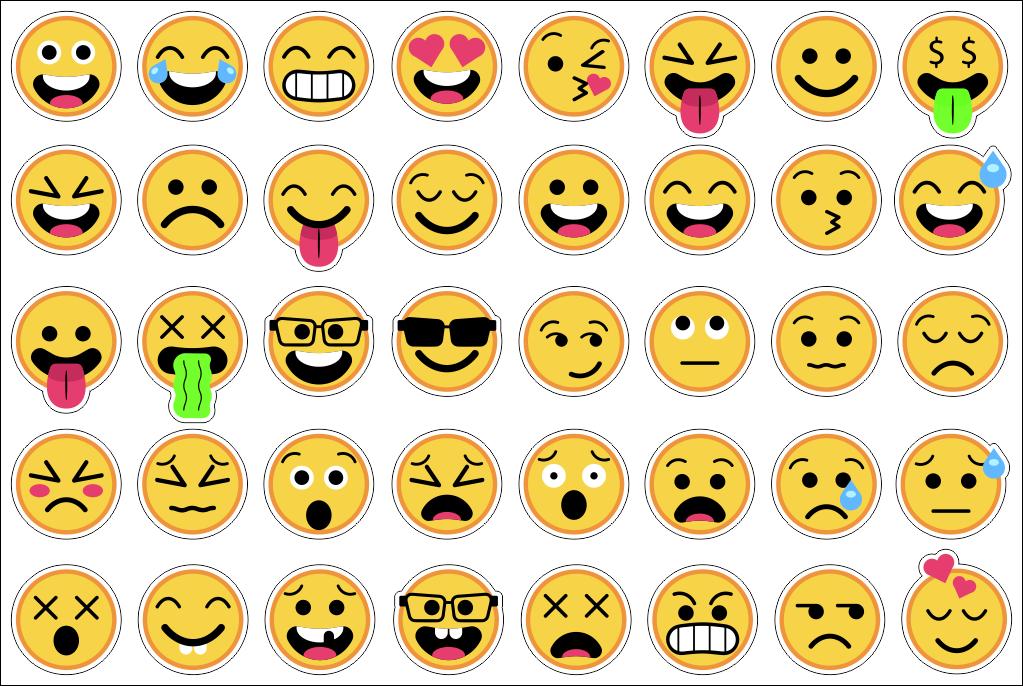 Printade Emojidekaler på ark. 40st / ark. Storlek på varje emoji 30mm