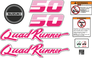 Komplett dekor i Rosa. Innehåller: 2st 50, 2st Quad Runner, 1st motordekal, 1st startknappsdekal samt 3st varningsdekaler. Laminerade dekaler.