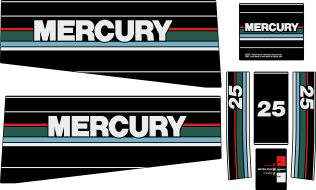 25hk Svart/rött/grönt/grått Svart/rött/grönt/grått Komplett innehållande: 7st Dekaler för Mercury 25hk övre och undre kåpa.