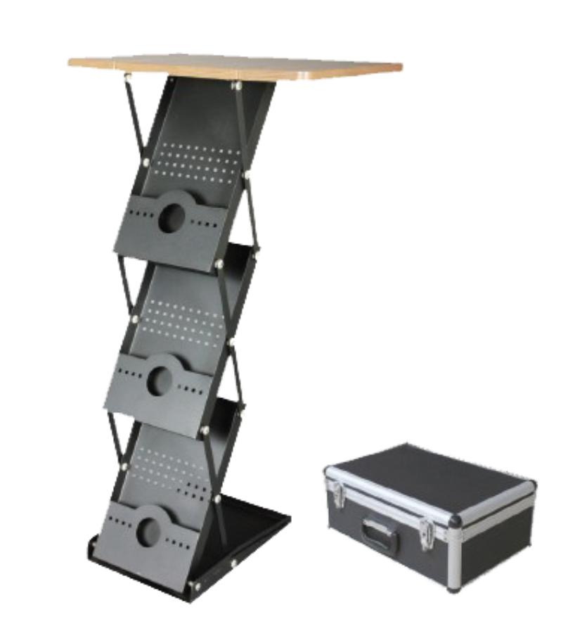 Ett smidigt, ihopfällbart bord och broschyrställ. Kan användas att ställa t ex en dator på och ha broschyrer under. 3 Fack i A4 format. Levereras med kraftig väska. Mått 1000 mm x 375 mm