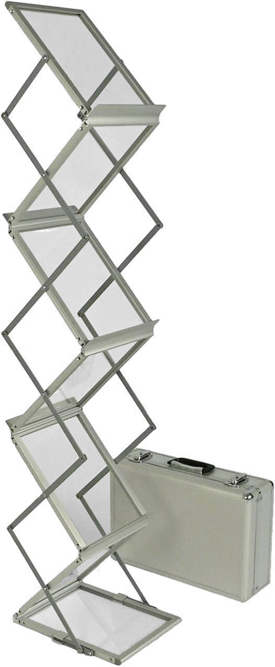 Stilrent och smidigt broschyrställ tillverkat i aluminium. Enkelt och snabbt att använda med plats för 6 st A4. Levereras komplett med stilren och stöttålig väska. Perfekt till event och mässor då det är portabelt