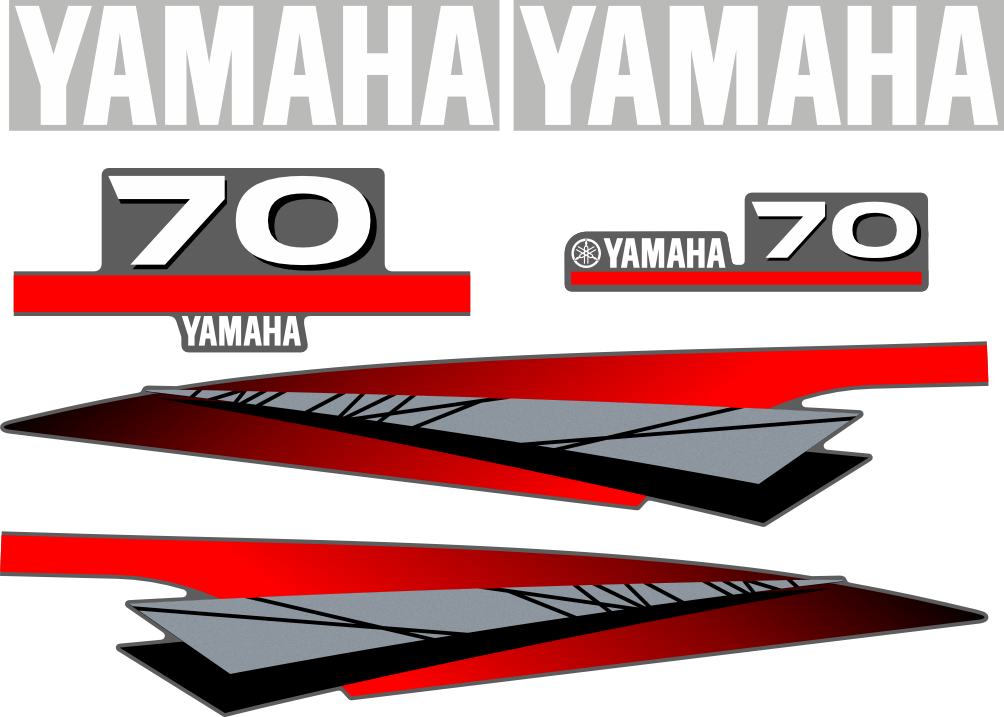 Dekalkit till Yamaha 70hk Svart/rött/grått/vitt Komplett innehållande: 2st YAMAHA dekaler, 2st sidodekaler och 1st bakre Yamaha 70hk dekal och 1st främre Yamaha 70 dekal