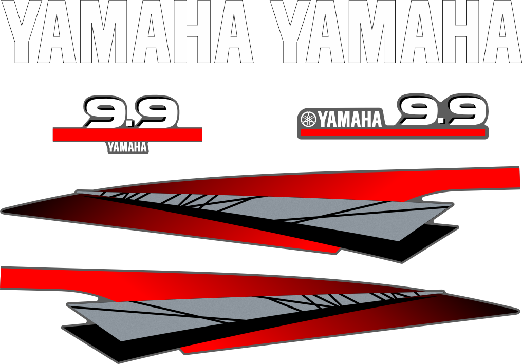 Dekalkit till Yamaha 9.9hk Svart/rött/grått/vitt Komplett innehållande: 2st YAMAHA dekaler, 2st sidodekaler och 1st bakre Yamaha 9.9hk dekal och 1st främre Yamaha 9.9 dekal