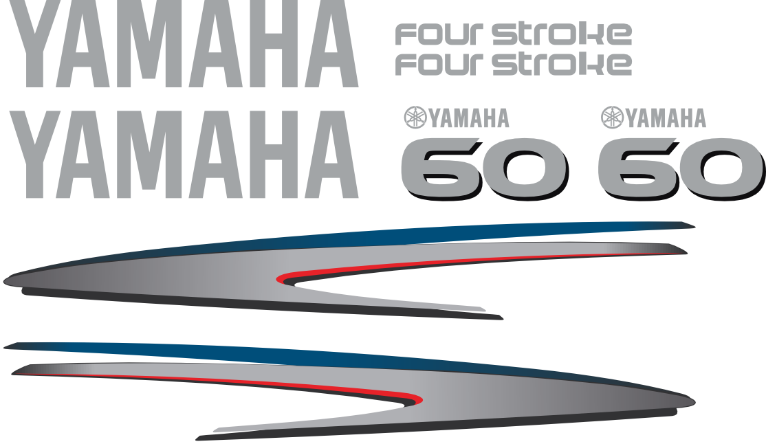 Komplett kitt med 2st laminerade dekorer, 2st Yamaha logo, 2st Fourstroke texter samt 60hk dekal bak och fram.