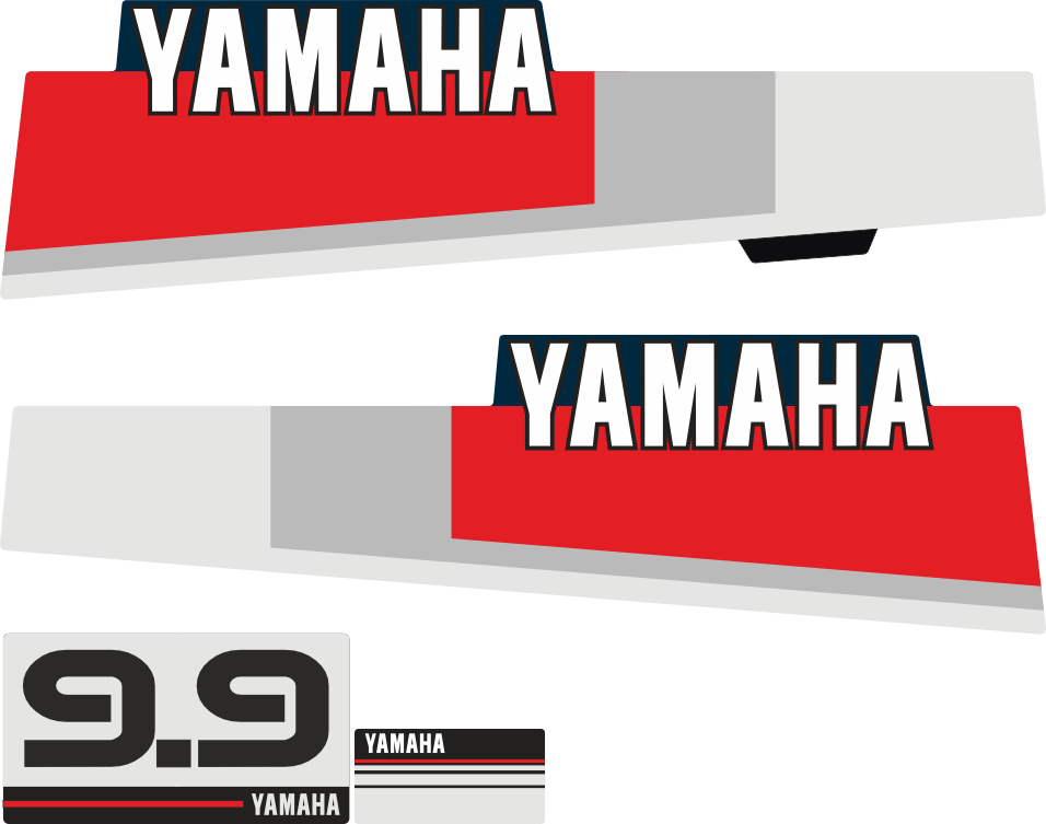 9.9hk Svart/rött/vitt Dekalkitt innehållande: 2st Sidodekaler, 1st främre dekal samt 1st bakre dekal för Yamaha 9.9hk 1984.