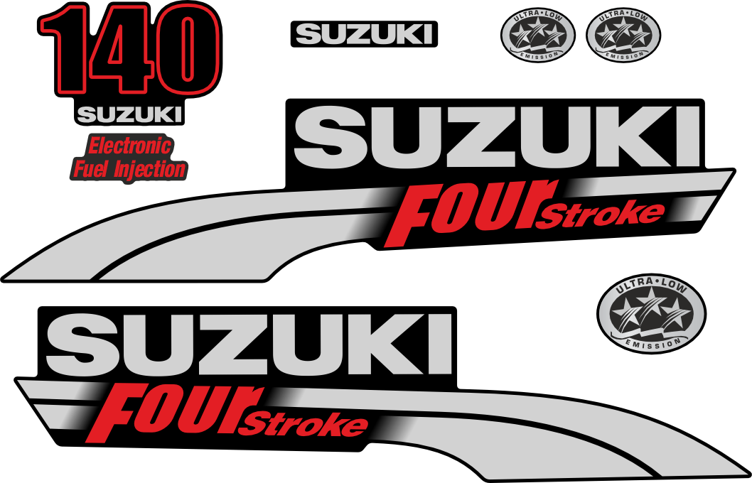 Komplett innehållande: 2st sidodekaler, 3st emissions dekaler, 1st suzuki logo, 1st 140hk suzuki EFI.