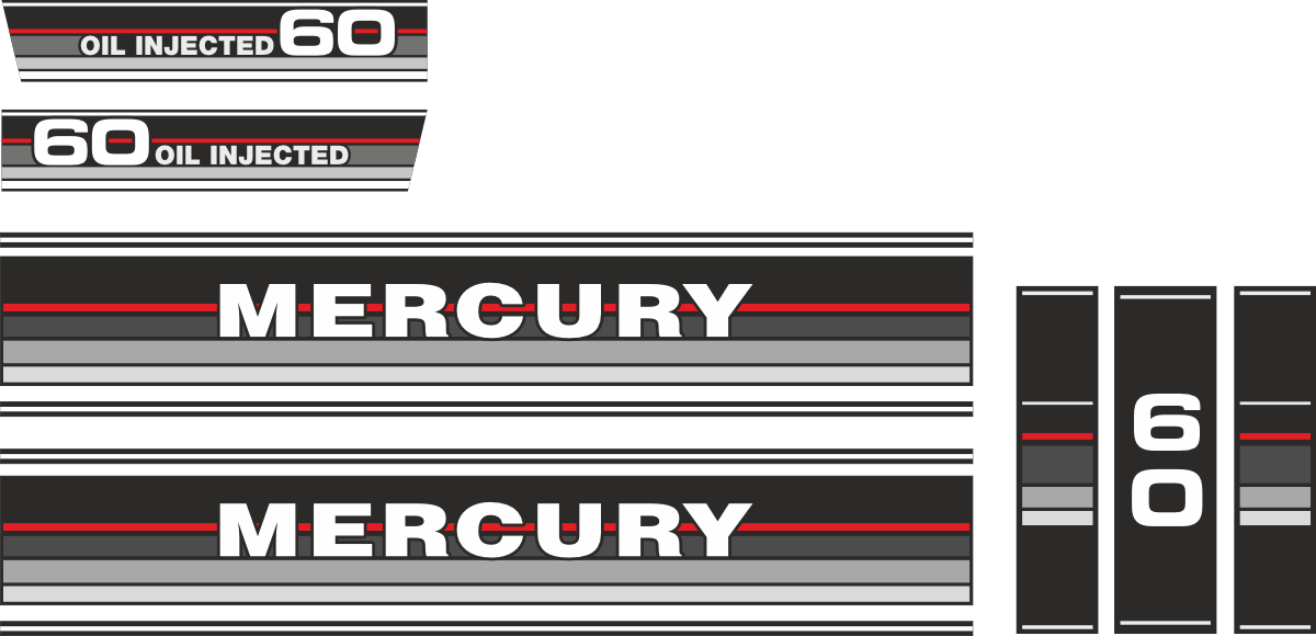 60hk Svart/rött/grått/Vitt Svart/rött/grönt/grått Komplett innehållande: 7st Dekaler för Mercury 60hk övre och undre kåpa samt bak.