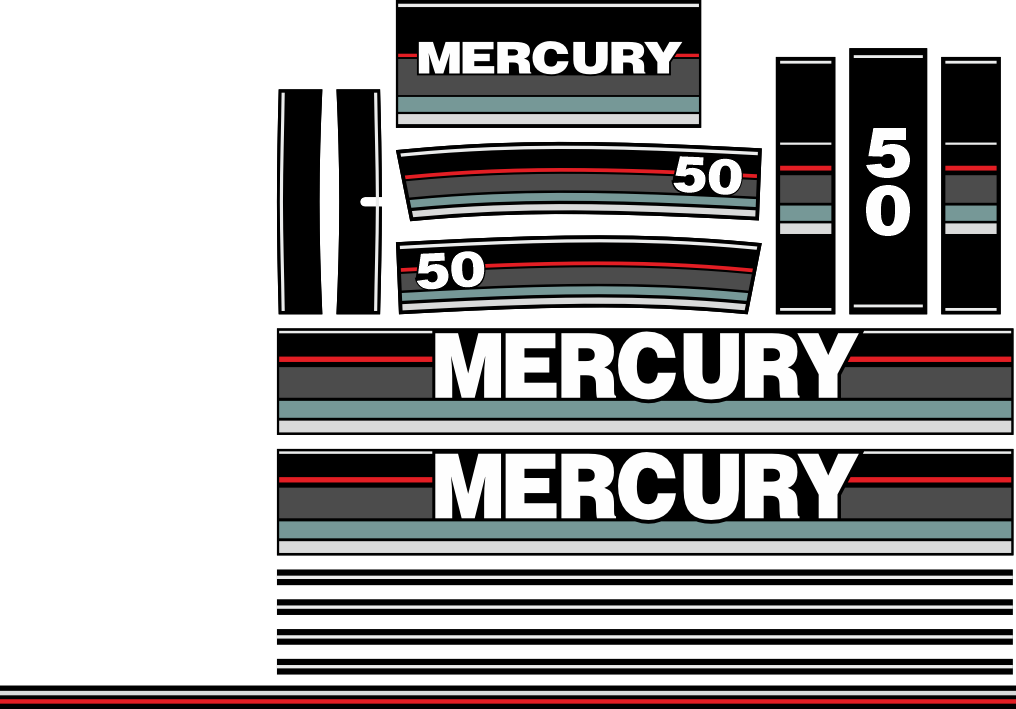 Komplett innehållande Dekaler för Mercury 50hk övre och undre kåpa samt bak.