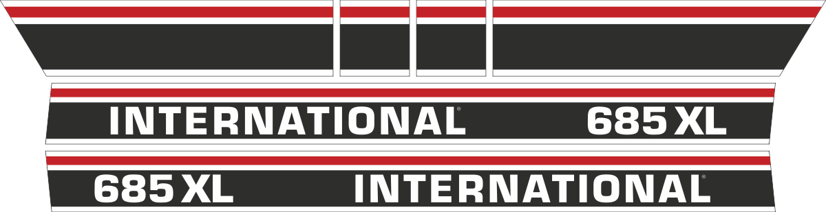 Dekorsats IH International 685XL. Svart/vit/röd Komplett: 2 st stripes 685XL International 1050x88mm, 2st stripes 480x110mm, 2st stripes 100x110mm.