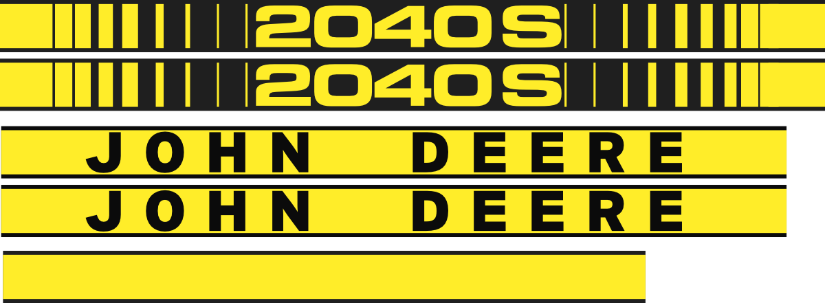 Printad dekor John Deere 2040 S. Komplett: 1st stripe 800mm, 2st 2040S 1030x65mm, 2st John Deere 978x65mm.