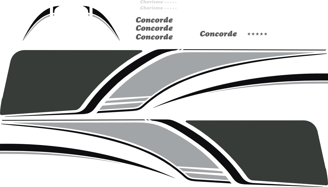Komplett reproduktion av dekaler till Concorde Charisma 890. Total storlek sidor ca 6.5x1.35m.
