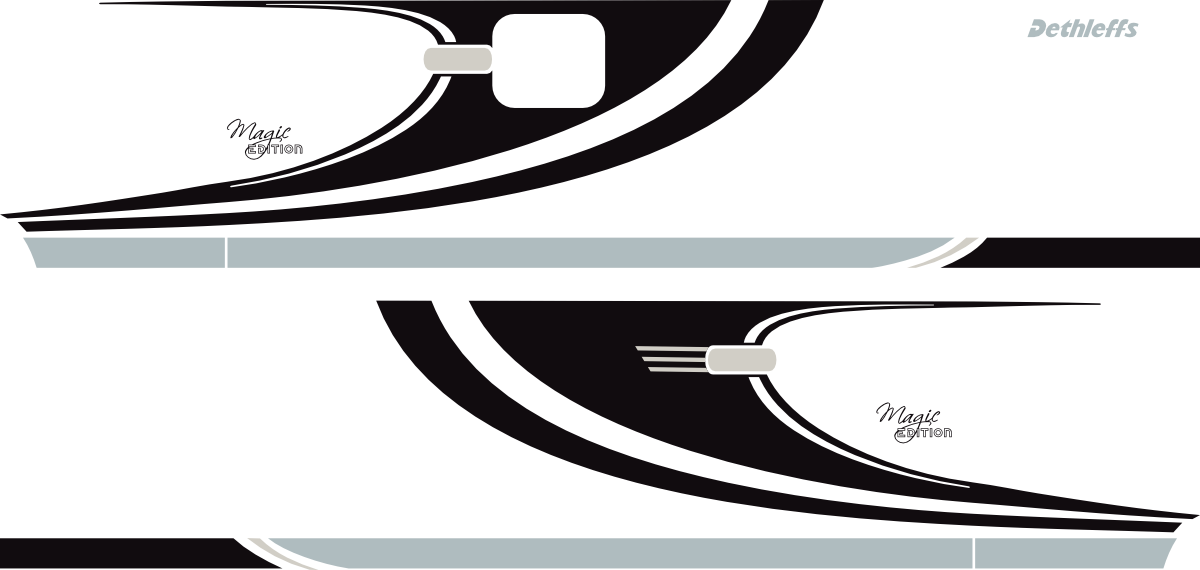 Komplett reproduktion av dekaler till Dethleffs Magic edition 2010. Total storlek sidor ca 5.96x1.34m.