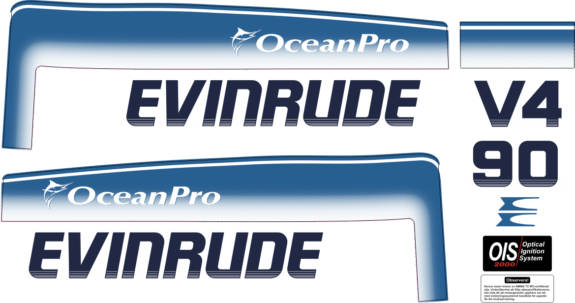 Dekalkitt. Evinrude V4 90 OceanPro 93-98. Innehåller 7 dekaler enligt originalmått.