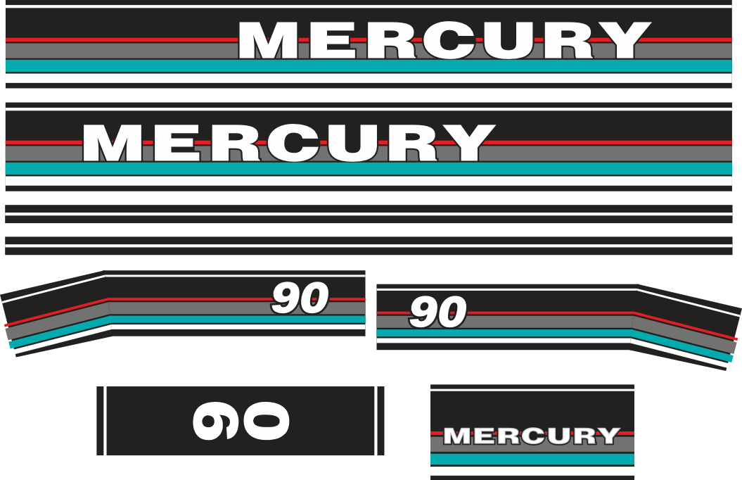 90hk innehållande: 8st Dekaler för Mercury 90hk övre och undre kåpa.
