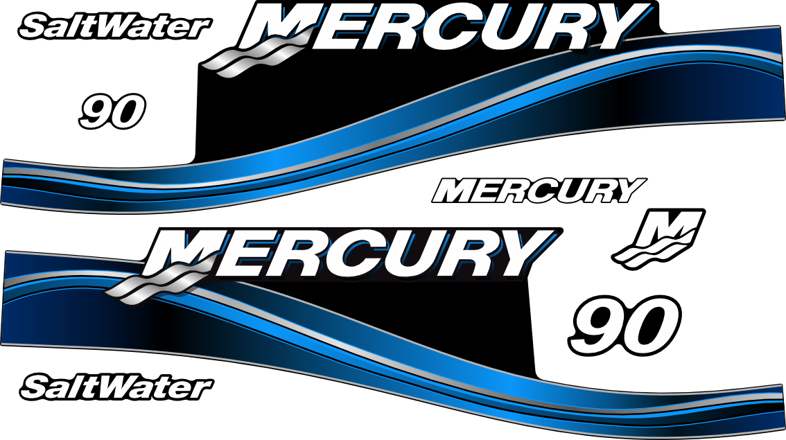 90hk Svart/Blå/grå/vitt Komplett innehållande: 9st Dekaler för Mercury 90hk SaltWater.