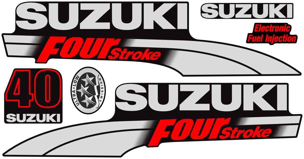 Komplett innehållande: 2st sidodekaler, 1st emissions dekal, 1st suzuki logo, 1st 40hk suzuki EFI.