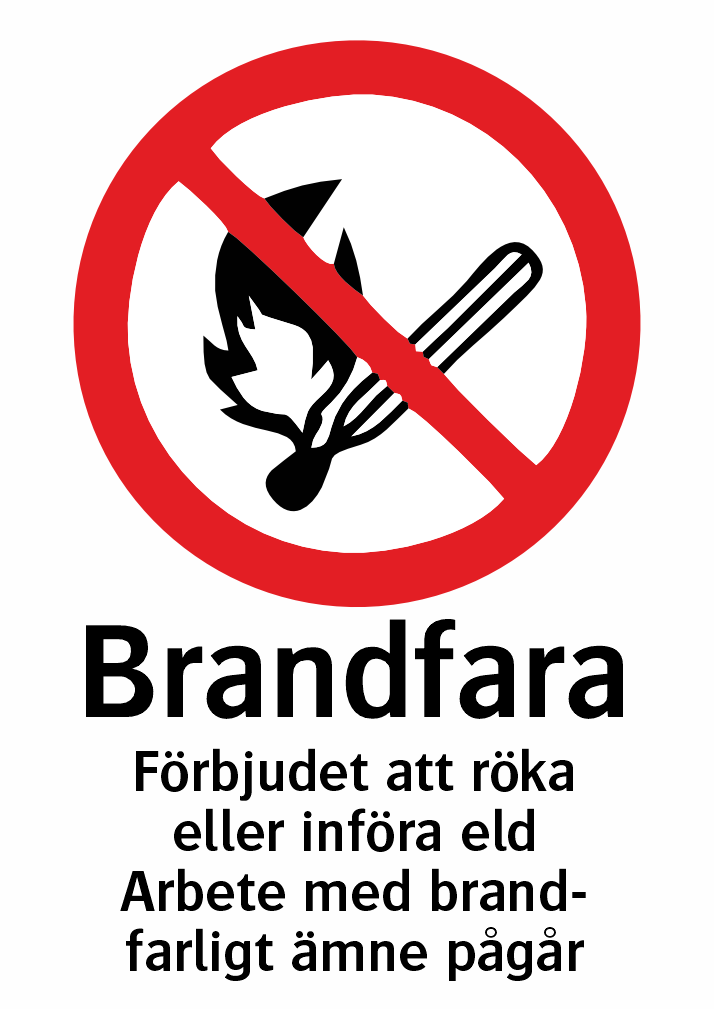 Brandfara Förbjudet att röka eller införa eld Arbete med brand-farligt ämne pågår 