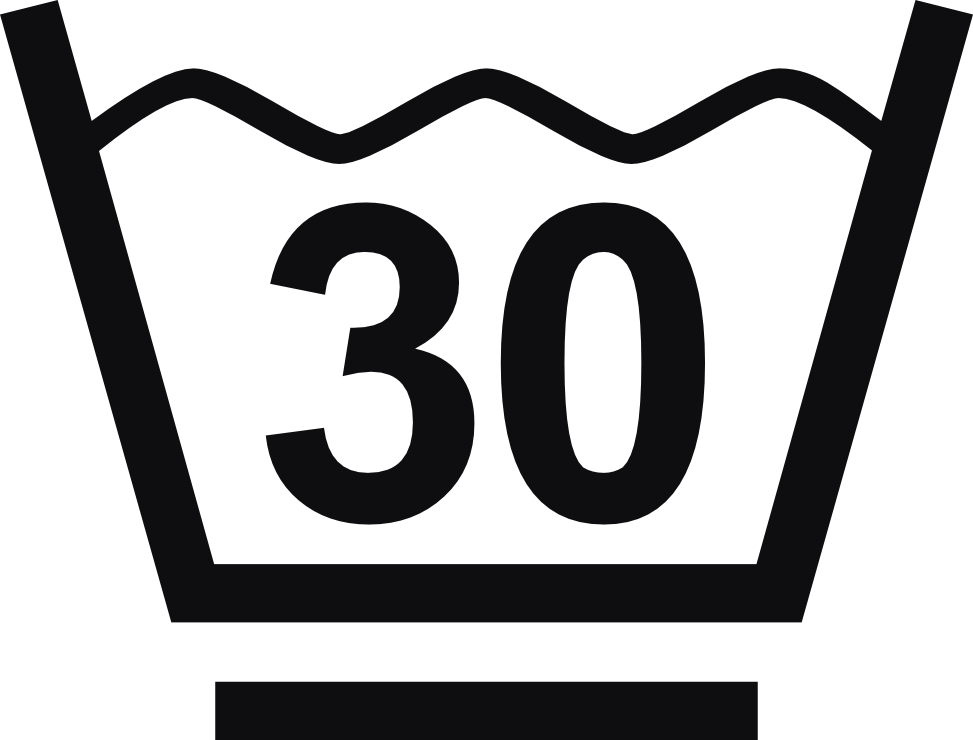 Datorskuren dekal. Tvättråd maxtemperatur 30 grader.

Tvättsymbol med ett streck under baljan betyder att materialet tål maskintvätt med ett kortare program, för exempelvis syntettvätt och en kort eller långsammare centrifugering.