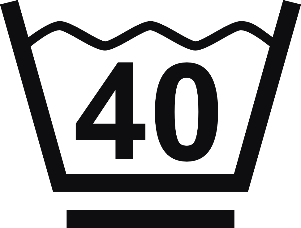 Datorskuren dekal. Tvättråd maxtemperatur 40 grader. Tvättsymbol med ett streck under baljan betyder att materialet tål maskintvätt med ett kortare program, för exempelvis syntettvätt och en kort eller långsammare centrifugering.