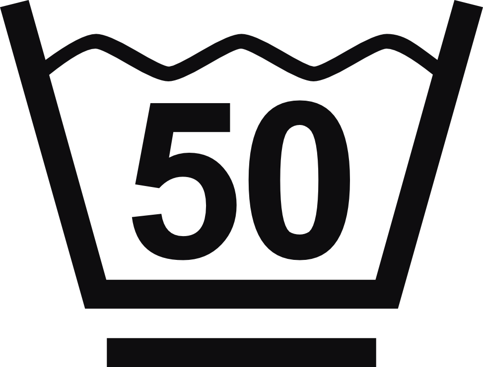 Datorskuren dekal. Tvättråd maxtemperatur 50 grader. Tvättsymbol med ett streck under baljan betyder att materialet tål maskintvätt med ett kortare program, för exempelvis syntettvätt och en kort eller långsammare centrifugering.