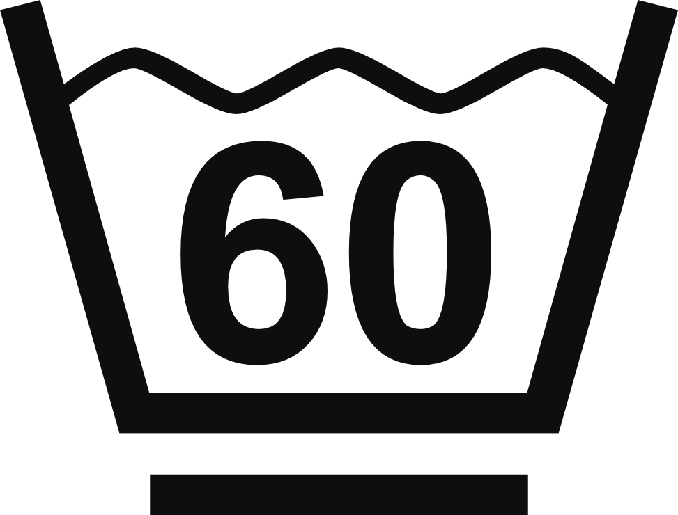 Datorskuren dekal. Tvättråd maxtemperatur 60 grader. Tvättsymbol med ett streck under baljan betyder att materialet tål maskintvätt med ett kortare program, för exempelvis syntettvätt och en kort eller långsammare centrifugering.