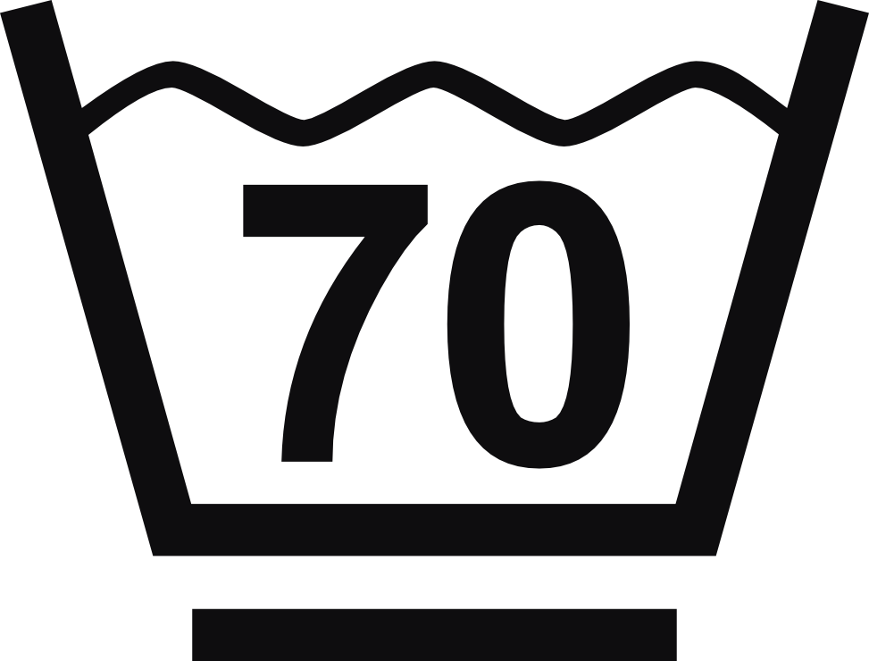 Datorskuren dekal. Tvättråd maxtemperatur 70 grader. Tvättsymbol med ett streck under baljan betyder att materialet tål maskintvätt med ett kortare program, för exempelvis syntettvätt och en kort eller långsammare centrifugering.