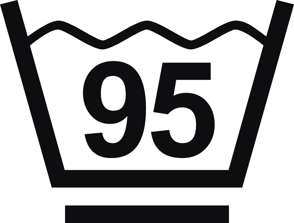 Datorskuren dekal. Tvättråd maxtemperatur 95 grader. Tvättsymbol med ett streck under baljan betyder att materialet tål maskintvätt med ett kortare program, för exempelvis syntettvätt och en kort eller långsammare centrifugering.