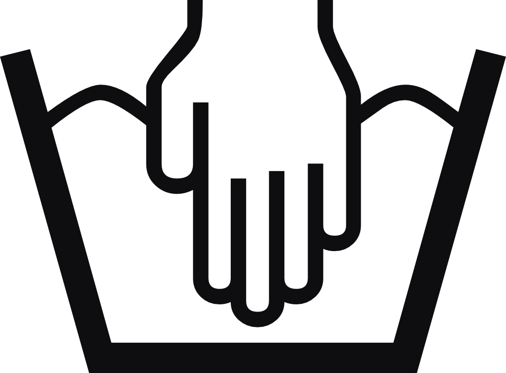 Datorskuren dekal. Tvättråd. Symbolen betyder att plagget endast får handtvättas.