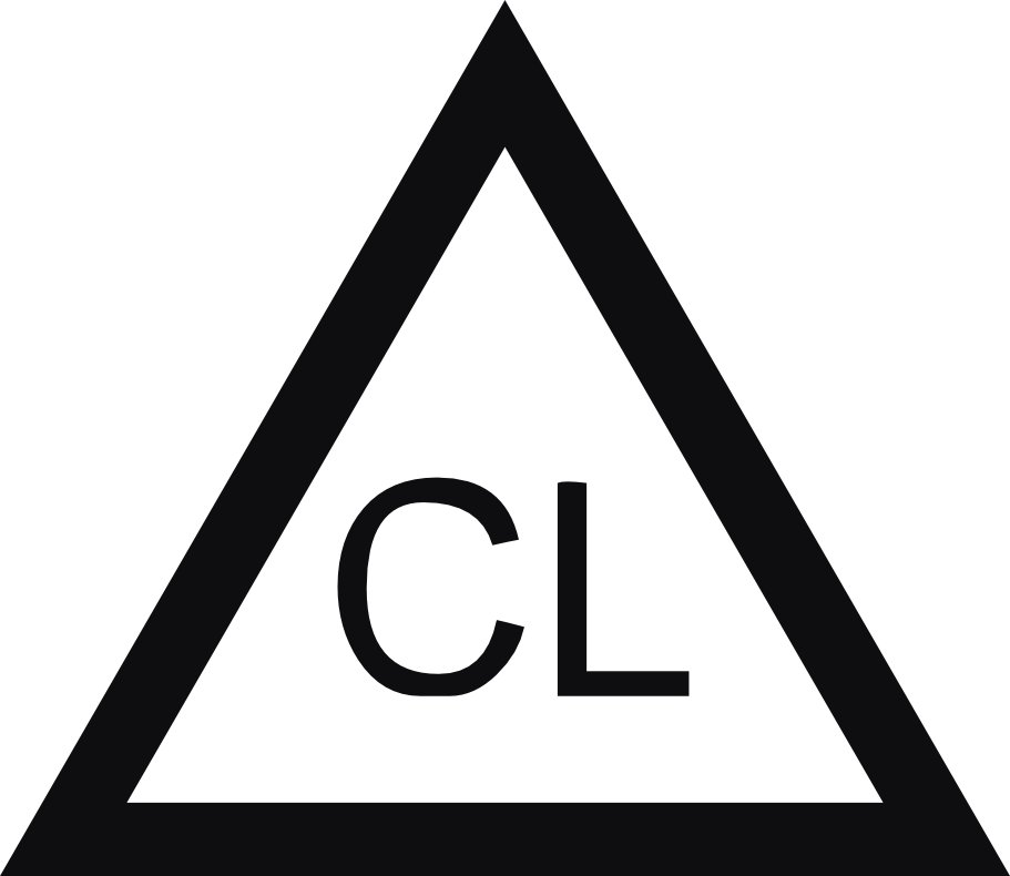 Datorskuren dekal. Tvättråd. Symbolen betyder att ditt plagg endast får blekas med klorin.