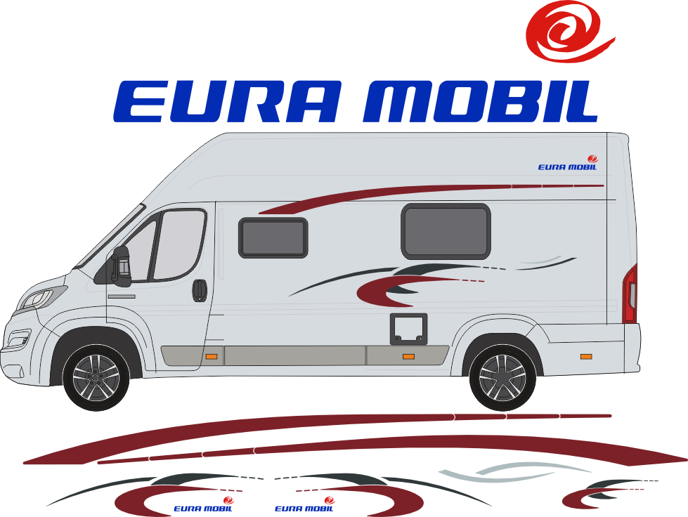 Komplett reproduktion av dekaler till "Eura mobil Profila". Total storlek sidor ca 2.6m.