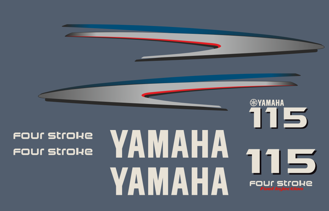 Komplett kitt med 2st laminerade dekorer, 2st Yamaha logo, 2st Fourstroke texter samt 115hk dekal bak och fram. (F-115A -2006)