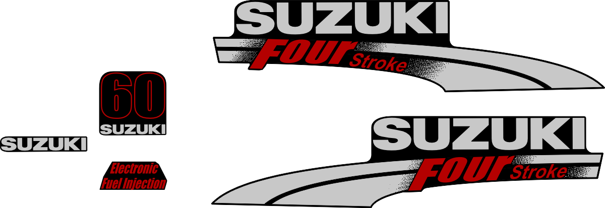 Komplett innehållande: 2st sidodekaler, 1st emissions dekal, 1st suzuki logo, 1st 60hk suzuki EFI.