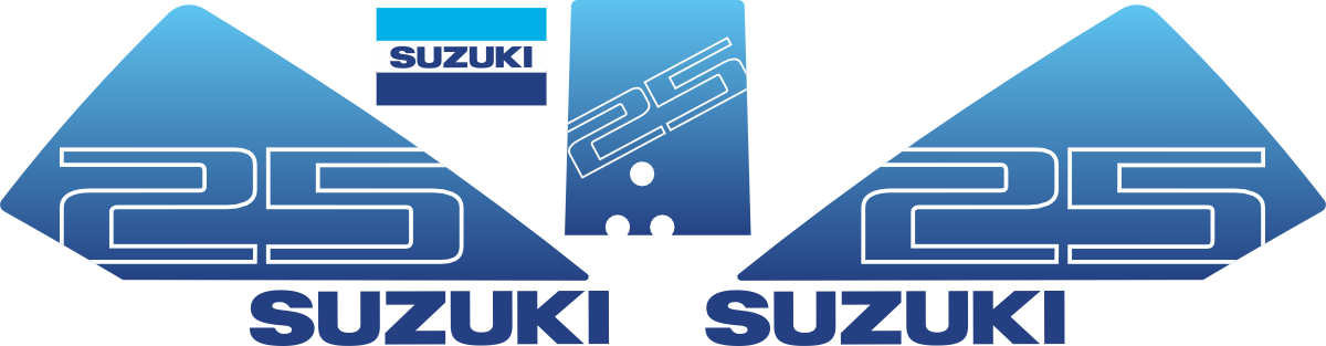 Komplett innehållande: 2st Dekaler för Suzuki 25hk, 1st bakre dekal och 1st främre dekal.