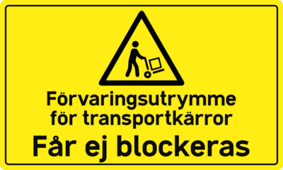 Golvklistermärke Förvaringsutrymme för transportkärror Får ej blockeras.